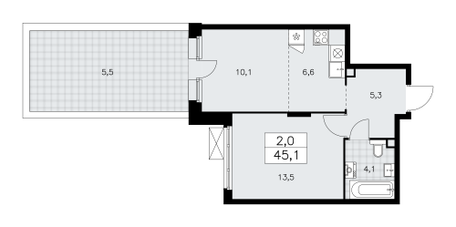 2-комнатная, 45.1 м²