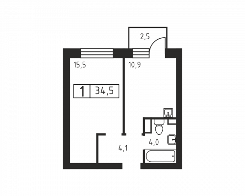 1-комнатная, 34.5 м²