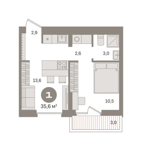 1-комнатная, квартира, 35.62 м²