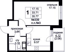 1-комнатная квартира 35,77 м²