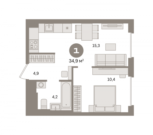 1-комнатная, квартира, 34.87 м²