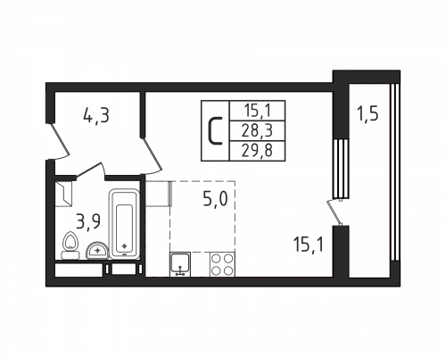 Студия, 29.8 м²