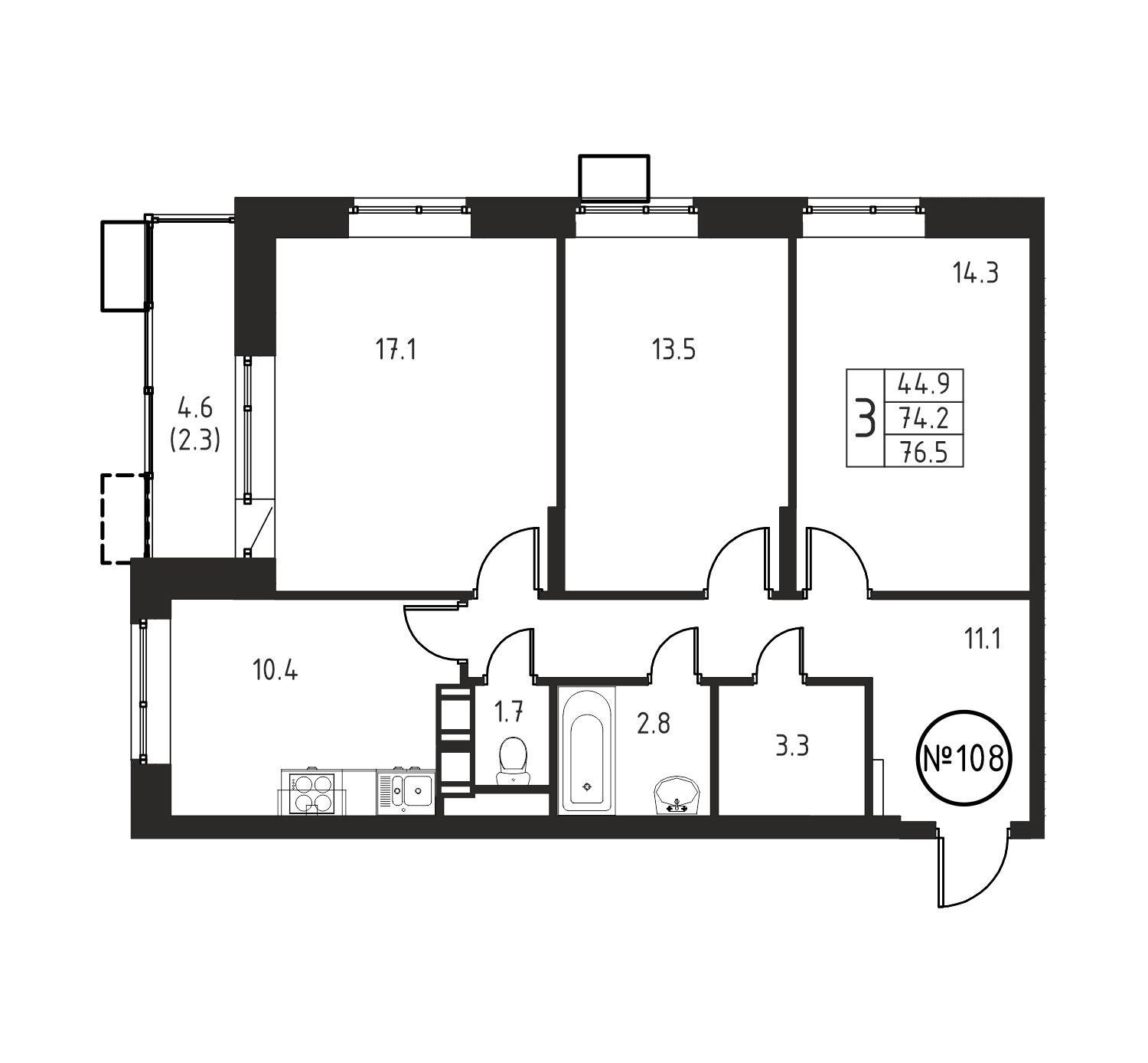 3-комнатная квартира №108, 76,5 м² за 11,25 млн руб. в ЖК «Космос» - планировка