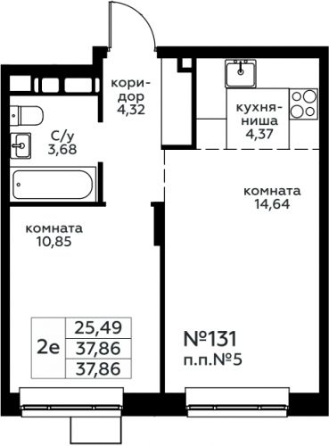 2-комнатная, 37.86 м²