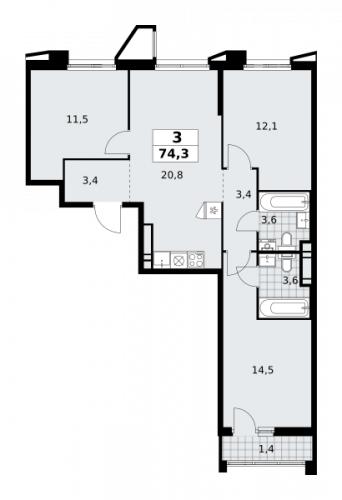 3-комнатная, 74.3 м²