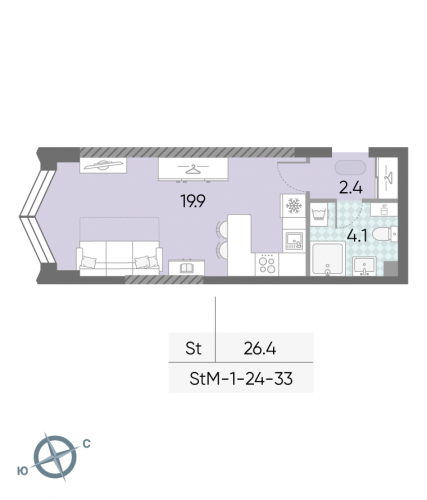 Студия, 26.4 м²