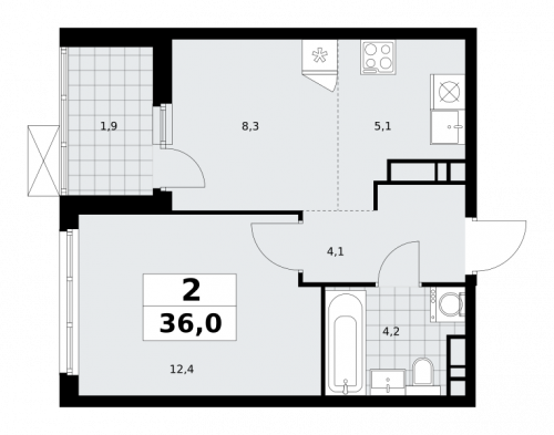 2-комнатная, 36 м²