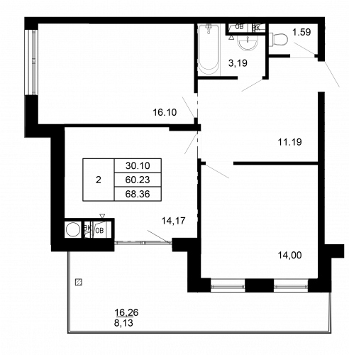 2-комнатная, квартира, 68.36 м²