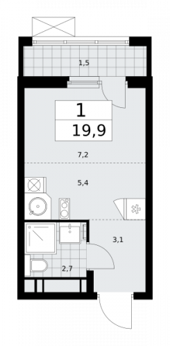 1-комнатная, 19.9 м²