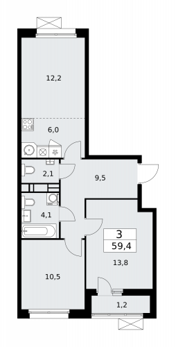 3-комнатная, 59.4 м²