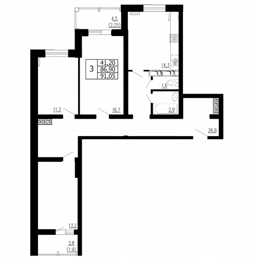3-комнатная, квартира, 91.05 м²