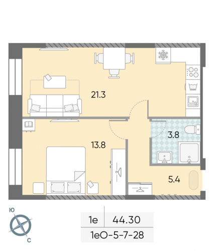 1-комнатная, 44.3 м²