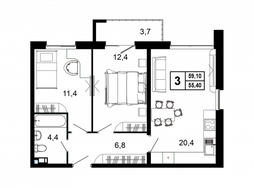 3-комнатная, 58.3 м²