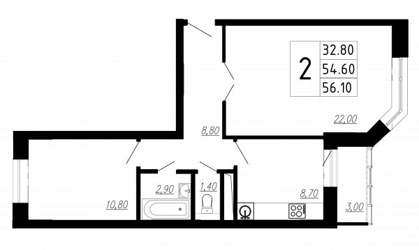 2 комнаты до 56.3