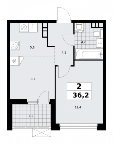 2-комнатная, 36.2 м²