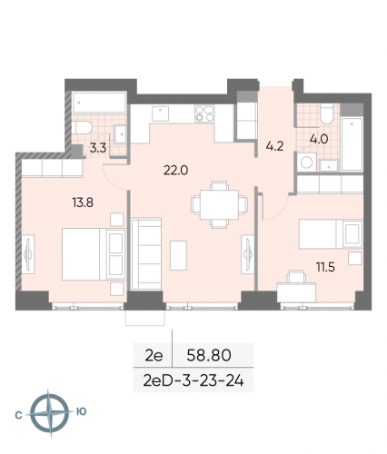 2-комнатная, квартира, 58.8 м²