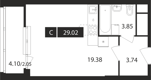 Студия, 29.02 м²