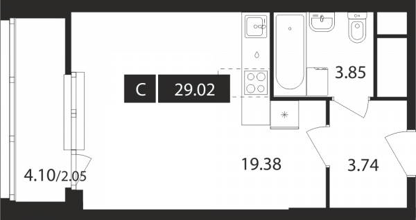Студия, 29.02 м²