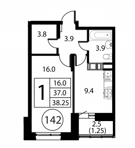 1-комнатная, квартира, 38.25 м²