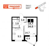 1-комнатная квартира 34 м²