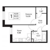 1-комнатная квартира 38,43 м²