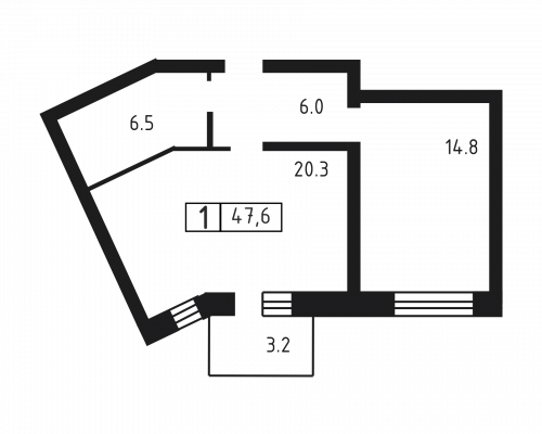 1-комнатная, квартира, 47.6 м²