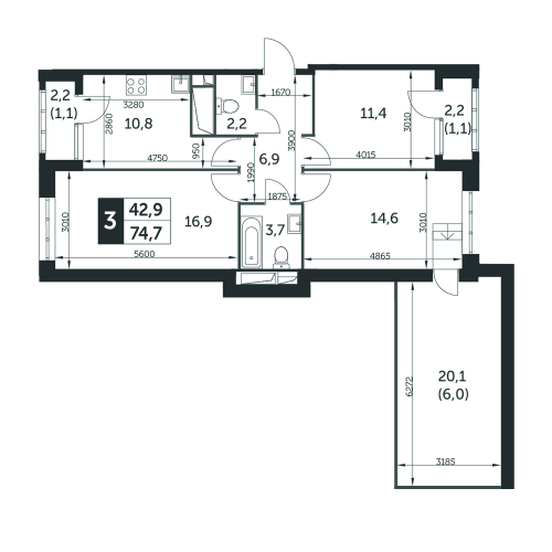 3-комнатная, квартира, 74.3 м²