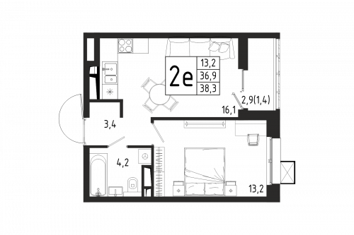 1-комнатная, квартира, 38.3 м²