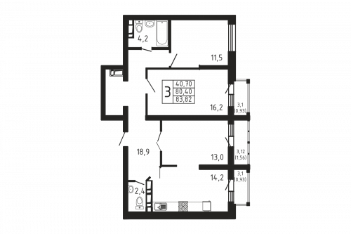 3-комнатная, квартира, 83.82 м²