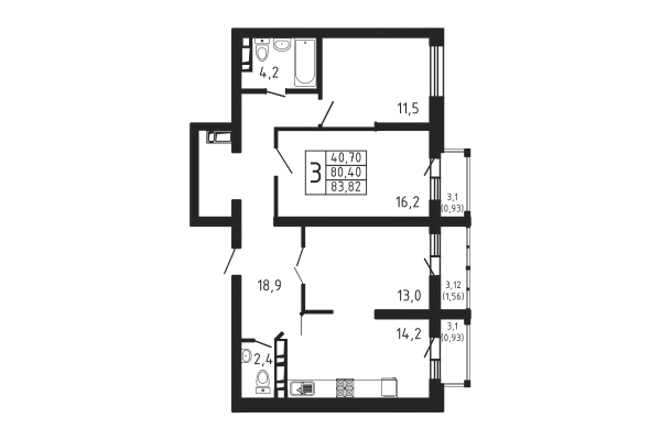 3-комнатная, квартира, 83.82 м²