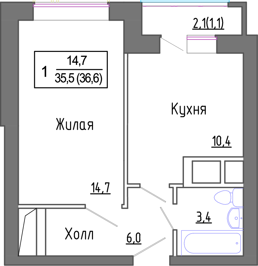 1-комнатная квартира №10178424, 34,7 м² за 7,44 млн руб. в ЖК «Новое Замитино» - планировка