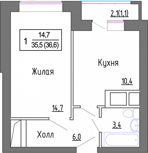 1-комнатная, 34.65 м²