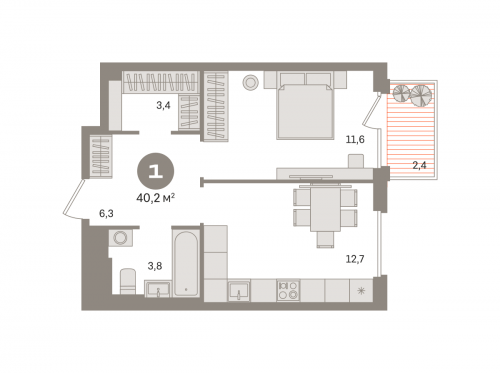 1-комнатная, квартира, 40.22 м²