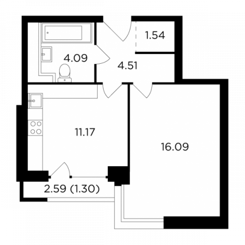 1-комнатная, 38.7 м²