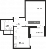 1-комнатная квартира 35,82 м²