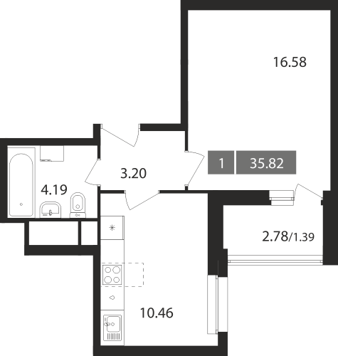 1-комнатная, квартира, 35.82 м²