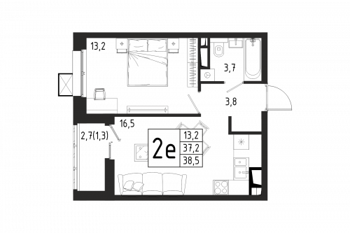 1-комнатная, квартира, 38.5 м²