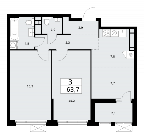 3-комнатная, 63.7 м²