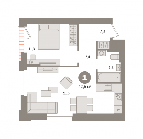 1-комнатная, квартира, 42.45 м²