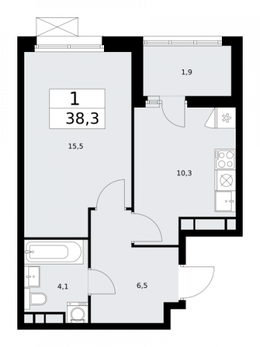 1-комнатная, 38.3 м²