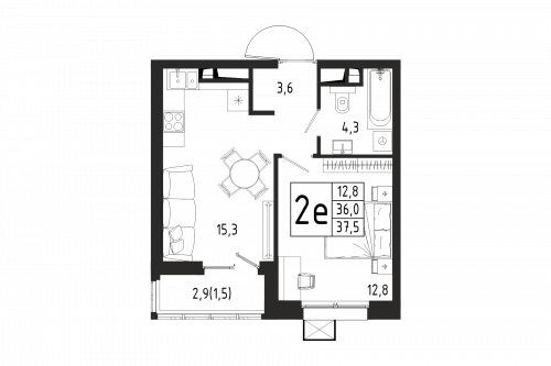 1-комнатная, квартира, 37.5 м²