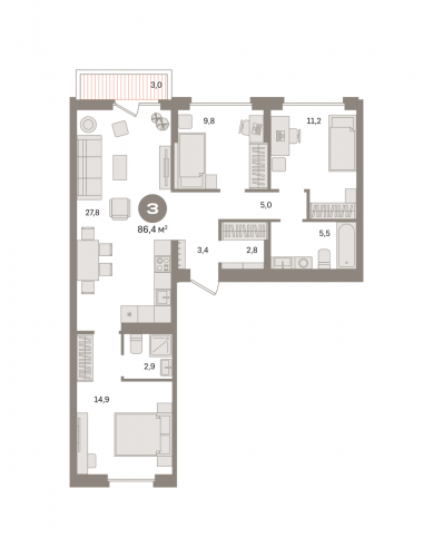 3-комнатная, квартира, 86.38 м²