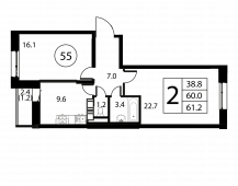 2-комнатная квартира 61,2 м²
