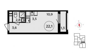 1-комнатная квартира 22,1 м²