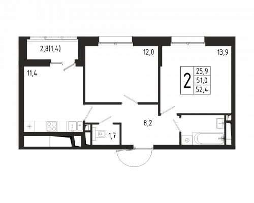 2-комнатная, квартира, 52.4 м²