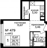 1-комнатная квартира 28,75 м²