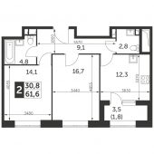 2-комнатная квартира 61,6 м²