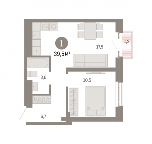 1-комнатная, квартира, 39.5 м²