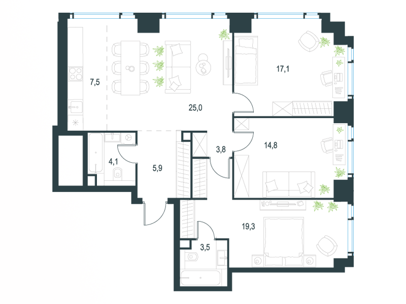 4-комнатные апартаменты №390, 97,2 м² за 45,73 млн руб. в ЖК «Level Мичуринский» - планировка