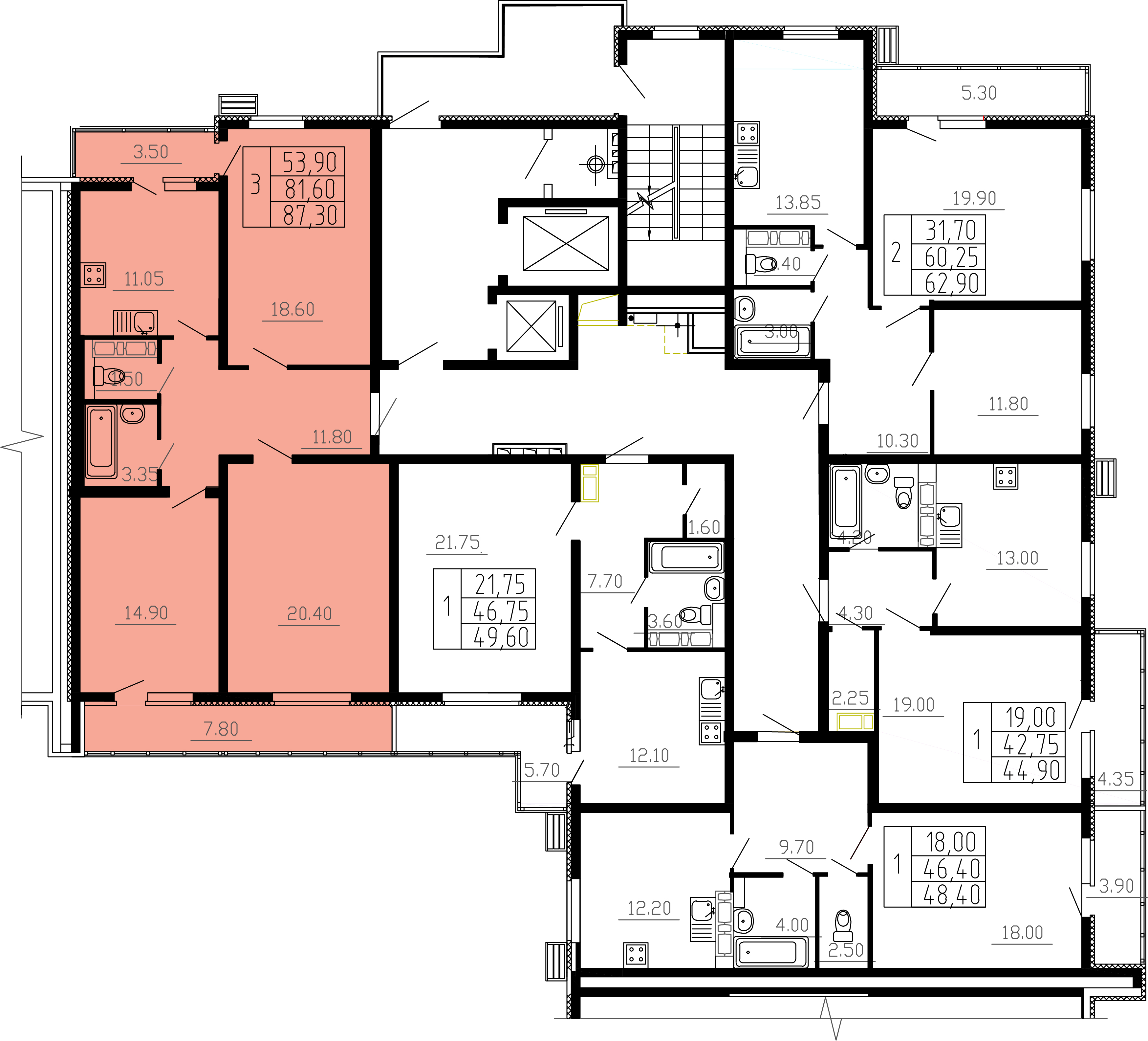 3-комнатная квартира №220, 87,3 м² за 9,64 млн руб. в ЖК «Посейдон» - планировка